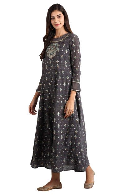 Aurelia Women's Polyester Grey Round Neck Printed Dress Calf Length