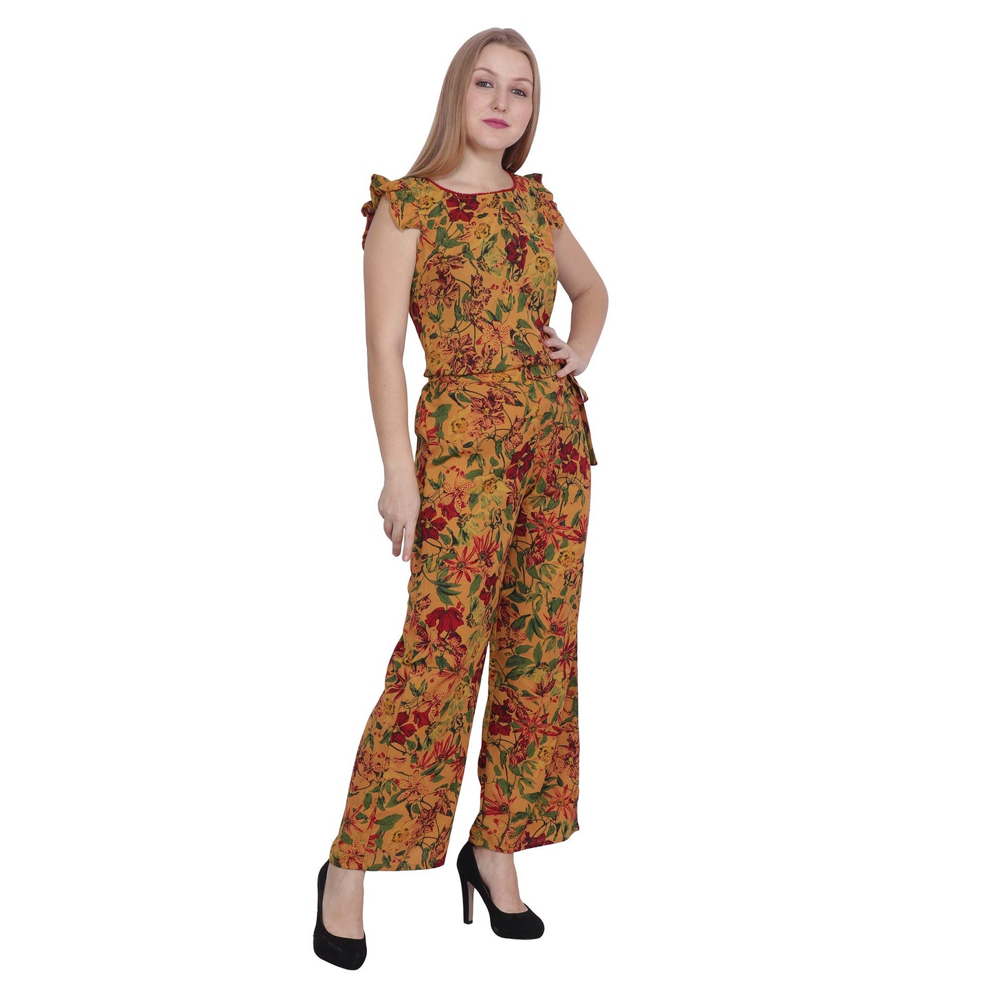 POPWINGS Casual Mustard Printed Top and Palazzo Set for Women - Latest Stylish Western Co-Ords Summer Wear - Sleeveless Round-Ne