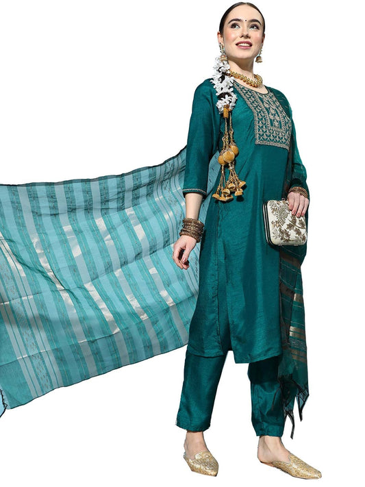 ishin Women's Green Yoke Design A-Line Kurta set with Toruser & Dupatta