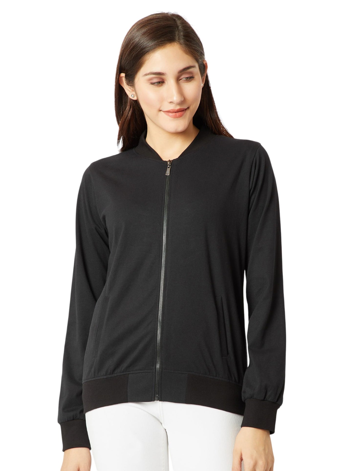 Miss Chase Womens Solid Round Neck Full Sleeve Regular Bomber Jacket (MCAW24JKT03-58-62-06, Black, XL)