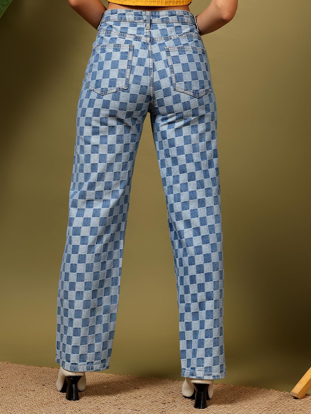 Kotty WomenS Checkered Pure Cotton Wide Leg Jeans(Blue,32)