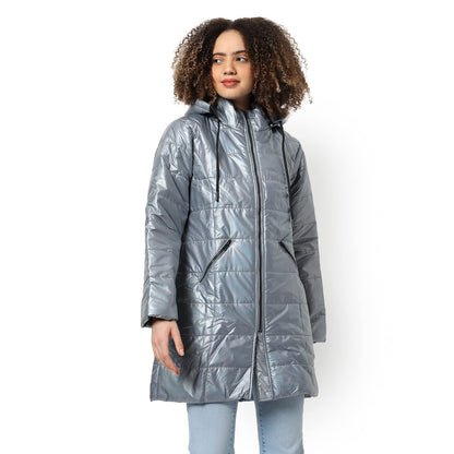 Campus Sutra Women Grey Vinyl Puffer Regular Fit Bomber Jacket For Winter Wear | Standing Collar | Full Sleeve | Zipper | Casual