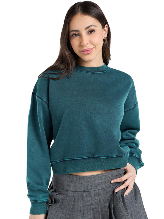 Bewakoof Heavy Duty 1.0 Womens Self Design Oversized Fit Full Sleeve Round Neck Cotton Blend Sweatshirt_682725_Green_2XL