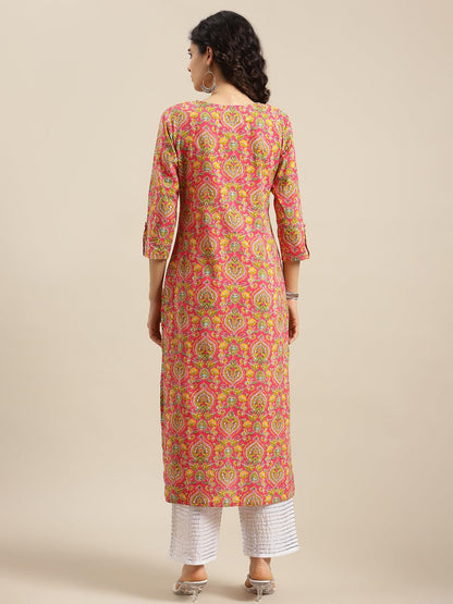 Varanga Women Pink and Yellow Floral Printed Straight Kurta with Round Neck, Three-Quarter Sleeves, Straight Hemline, and Side Slits
