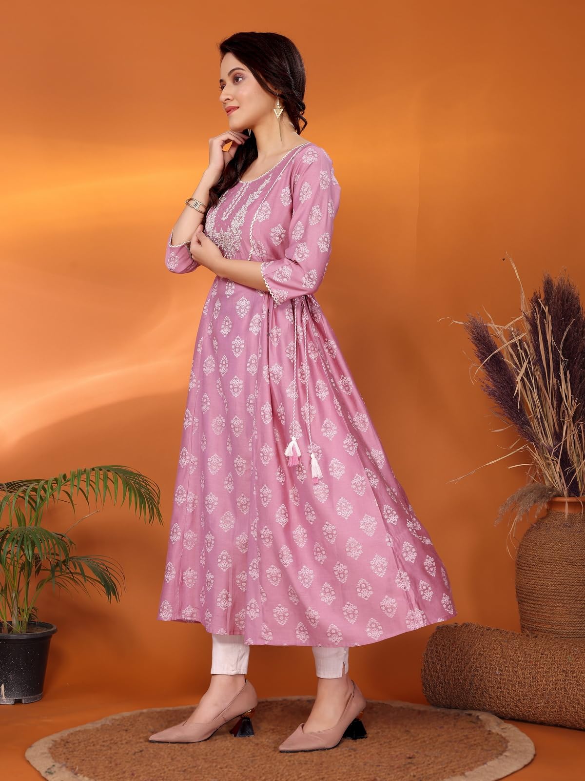 rangita Pink Viscose Blend Flared Embroidered Calf Length Kurti | Kurta for Women