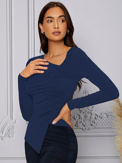 Shasmi Womens & Girls Magenta Long Sleeve Asymmetrical Neck Solid Color Ruched Front Asymmetrical Hem Tee Workwear Fancy Top,