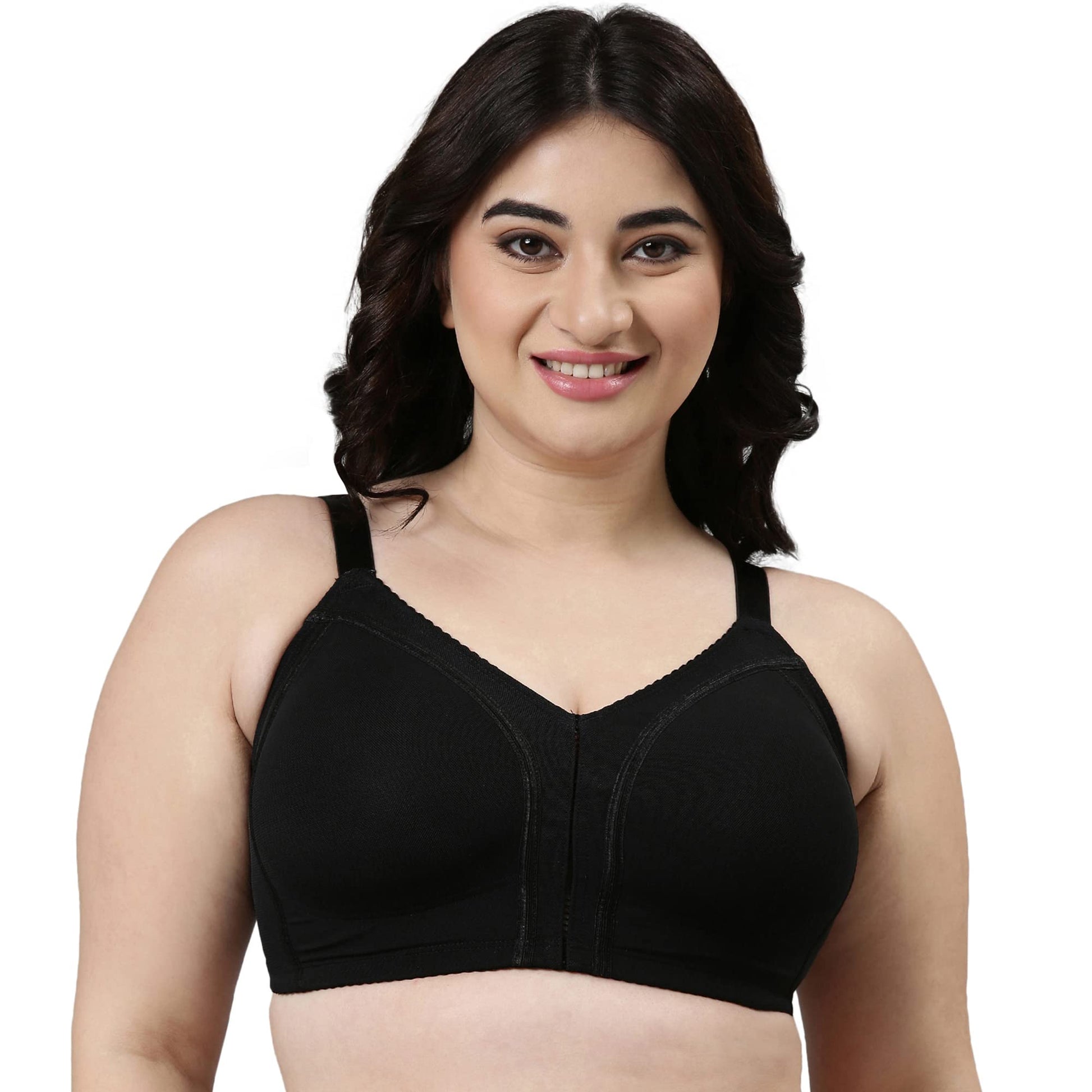 Enamor Womens Nylon Blend Non Padded Wire Free Full Coverage Smooth Contour Lift Bra with 3-Section Cups Support- F097(F097-Bla