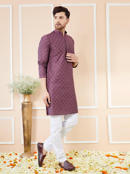 See Designs Men Long Sleeve Side Slit Mandarin Collar Purple Ethnic Motifs Silk Jacquard Woven Design Straight Kurta - Bnrskt715