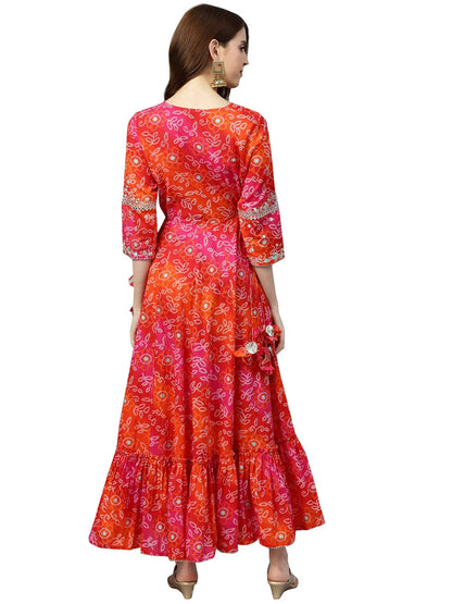 Ishin Women'S Rayon Red & Orange Bandhani Zari Embellished Anarkali Kurta