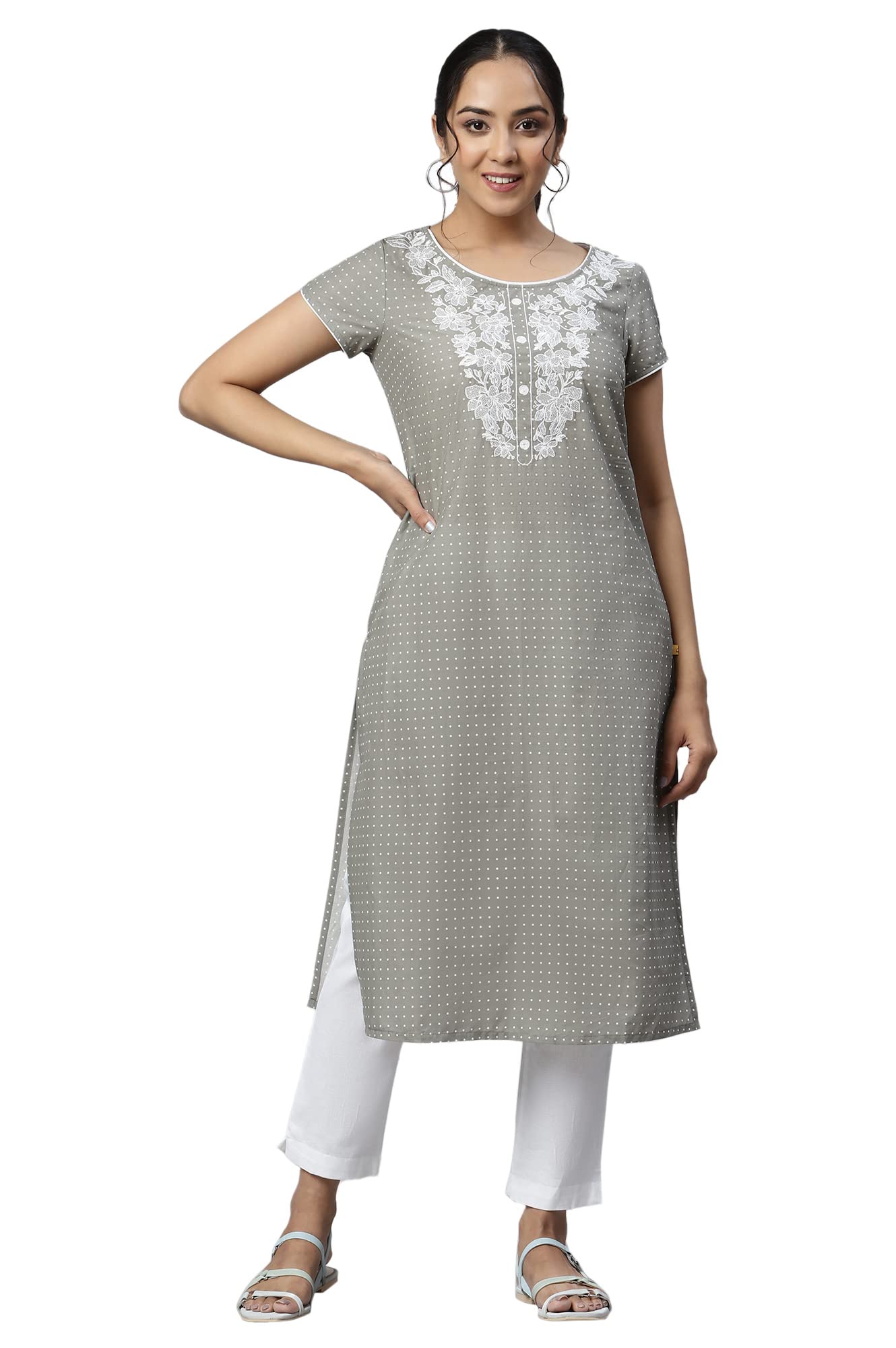 Grey Embroidered Round Neck Ethnic Kurta (Size: L)-24AUA13345SS-505794