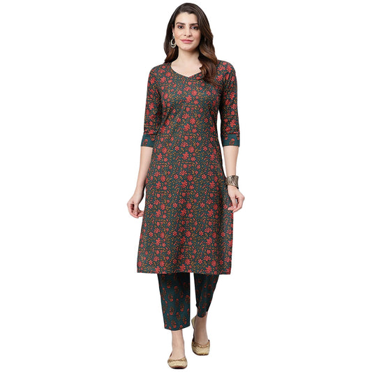 Idalia Dark Sea Green And Crimson Floral Printed Straight Cotton Kurta Set For Women