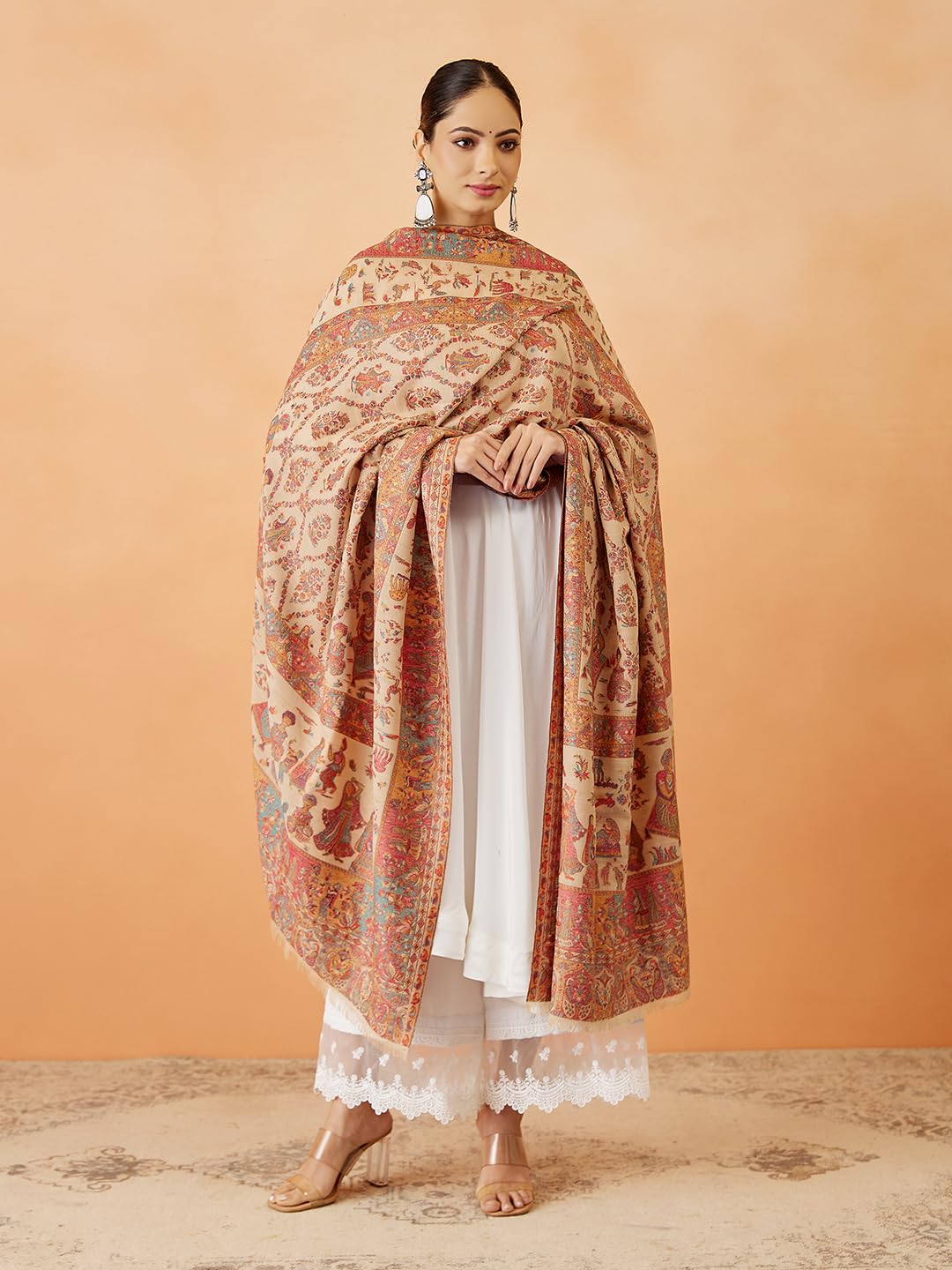 Pashmoda Women Gulbahar Kaani Wool Blend Kashmiri Shawl, Stole, Scarf, Luxury Pashmina Evening Wrap (Size: 101 X 203 CM)