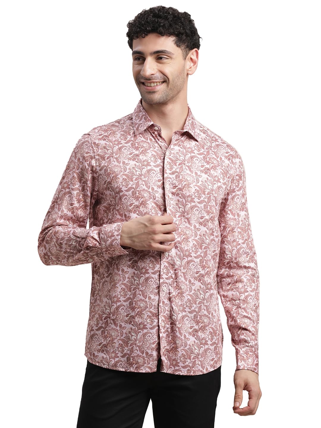 Turtle Men Cotton Tencel Slim Fit Light Mauve Printed Party Shirt