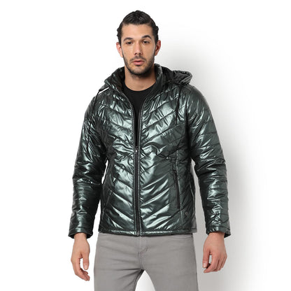 Campus Sutra Mens Metallic Green Quilted Puffer Regular Fit Bomber Jacket For Winter Wear | Hooded Collar | Full Sleeve | Zippe