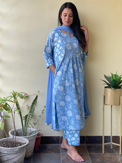 Gosriki WomenS Cotton Blend Straight Printed Kurta With Pant & Dupatta (Paridhi Blue-Gs_Xl_Blue_X-Large)