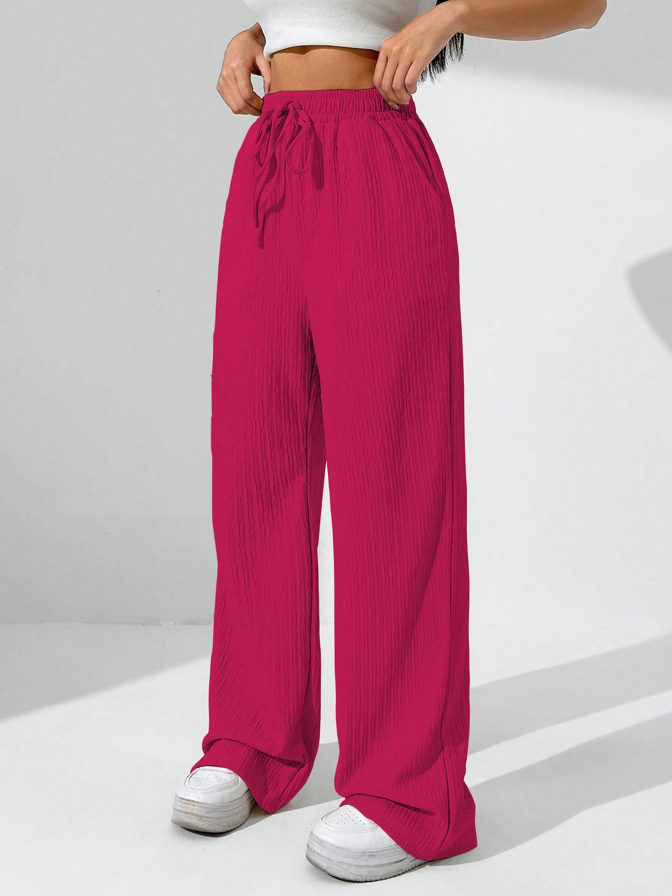 Sugathari Womens Hot Pink Loose Wide-Leg Pants with Textured Wrinkled Fabric and Drawstring Waist Long Trousers (Trouser 157 Ho