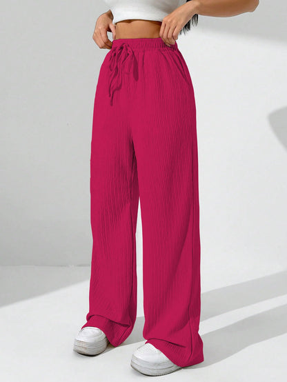 Sugathari Womens Hot Pink Loose Wide-Leg Pants with Textured Wrinkled Fabric and Drawstring Waist Long Trousers (Trouser 157 Ho