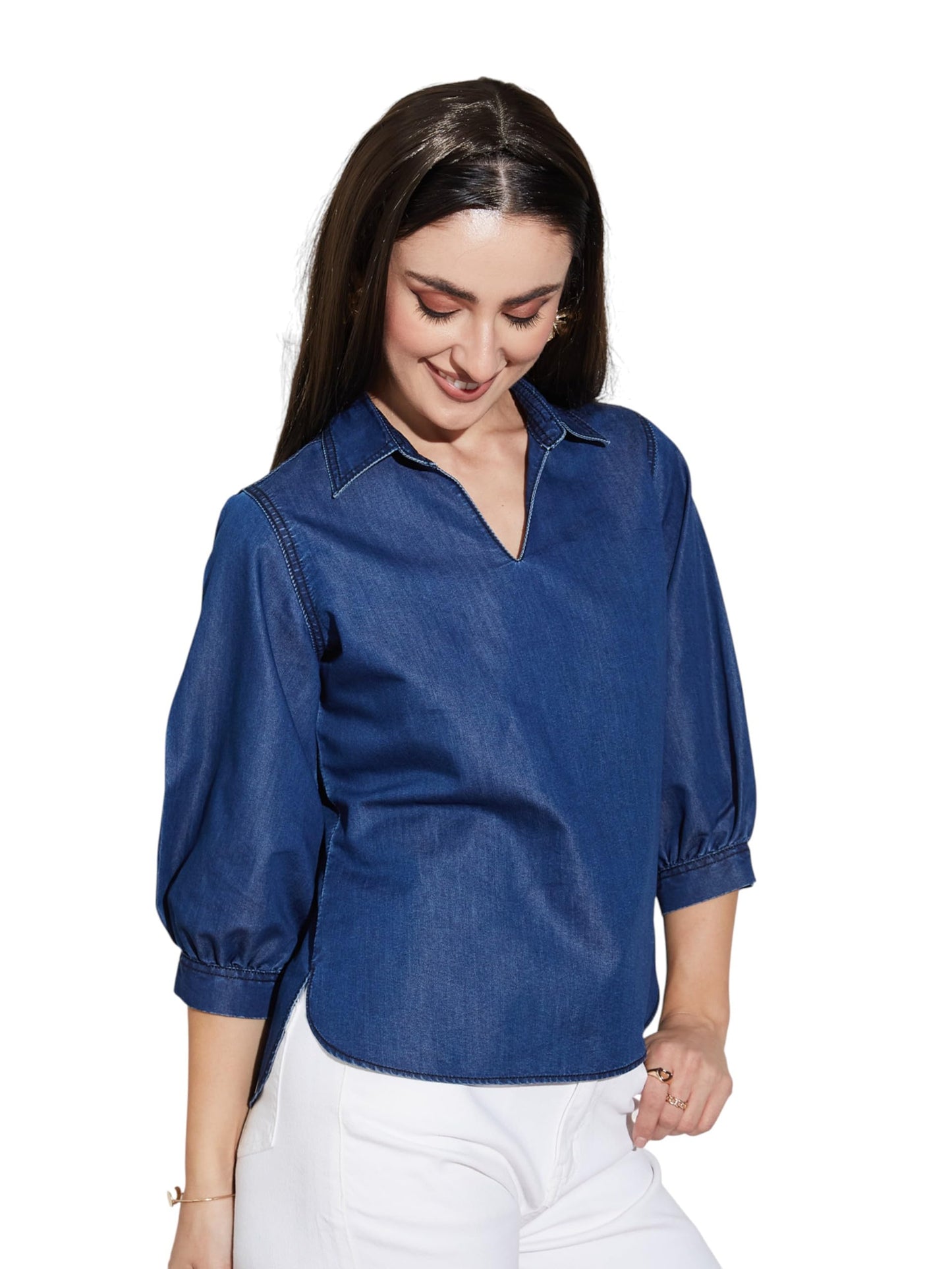 Miss Chase Womens Collar-Neck Puff-Sleeve Solid-Colored Weight Denim Tunic Top (MCAW25DEN61-36-887-06, Kyanite Blue, XL)