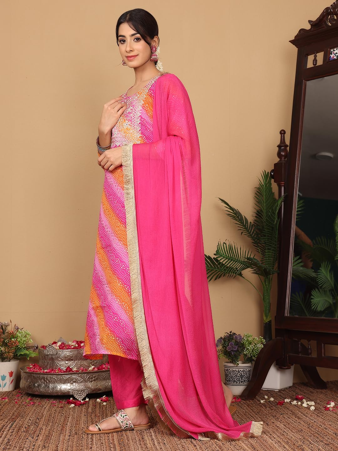 Varanga Women Pink Foil Printed Bandhani Zari Embroidered Kurta with Bottom and Dupatta