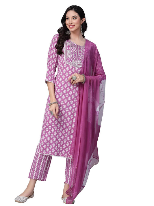 Stylum Women's Floral Printed Rayon Straight Kurta Pant with Dupatta Set