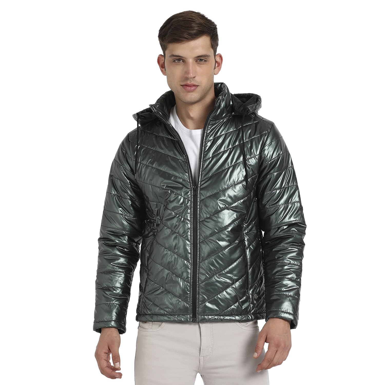 Campus Sutra Mens Forest Green Zip-Front Quilted Puffer Jacket For Casual Wear | Hooded Neck | Long Sleeve | Zipper Closure | P