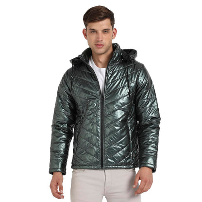 Campus Sutra Mens Forest Green Zip-Front Quilted Puffer Jacket For Casual Wear | Hooded Neck | Long Sleeve | Zipper Closure | P