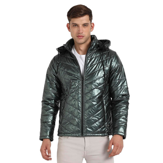 Campus Sutra Mens Forest Green Zip-Front Quilted Puffer Jacket For Casual Wear | Hooded Neck | Long Sleeve | Zipper Closure | P