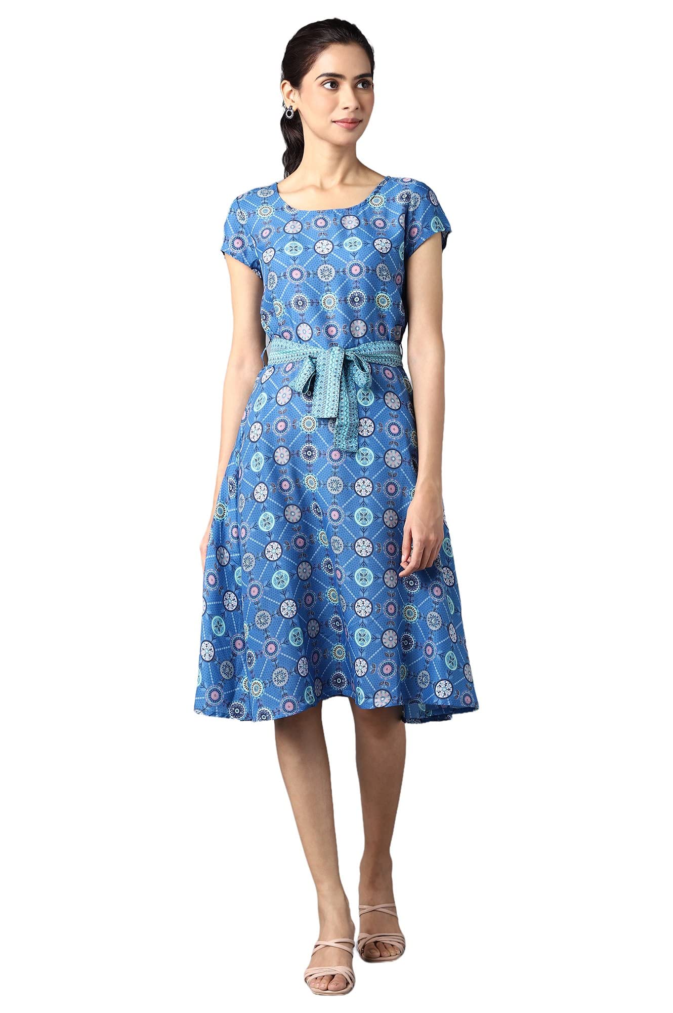 Aurelia WomenS Polyester Fit And Flare Knee-Length Casual Dress (22Ona13069-505323_Blue