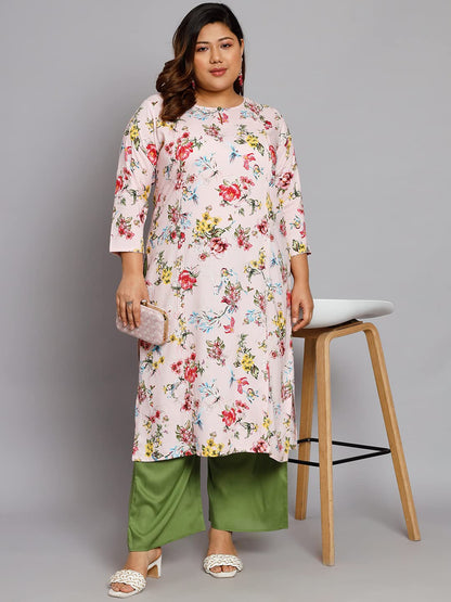Tissu Women's Plus Size Pink & Red Floral Printed Kurta with Palazzo