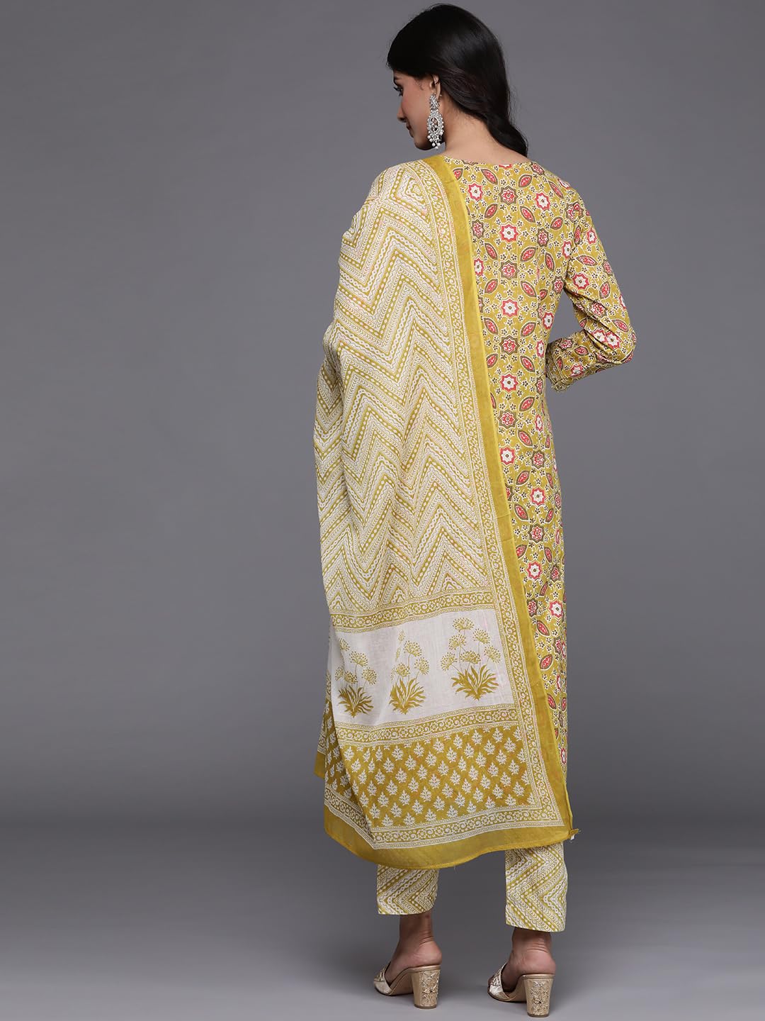 Varanga Women Lime Green Colored Printed Embroidered Kurta with Straight Pant and Dupatta