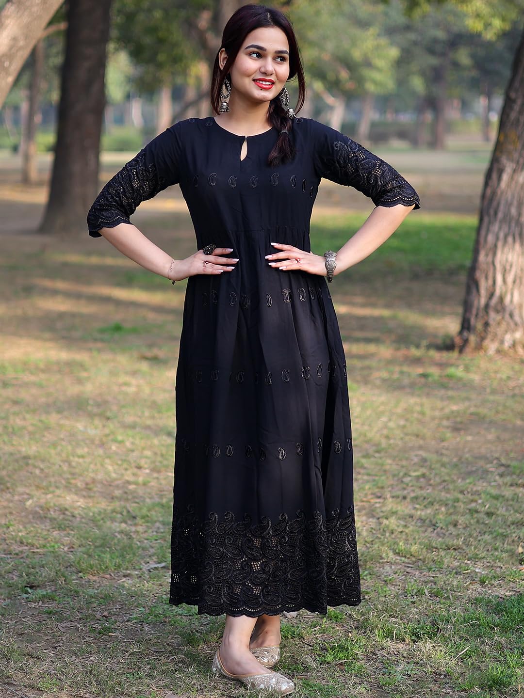 Libas WomenS Viscose Rayon A-Line Long Casual Dress (8404Mj_Black