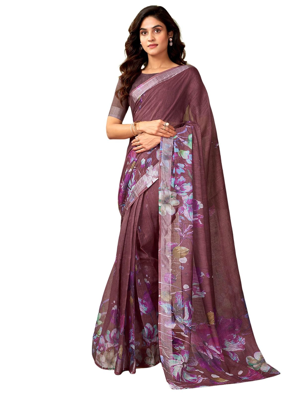 Satrani WomenS Linen Zari Border Printed Ready To Wear One Minute Pre Pleated Readymade Saree With Unstitched Blouse Piece (34R