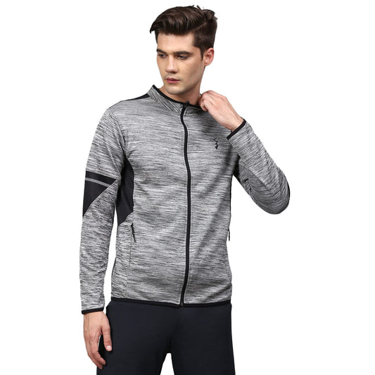 Campus Sutra Mens Grey Heathered Activewear Jacket With Contrast Detail For Casual Wear | Hooded Neck | Long Sleeve | Zipper Cl