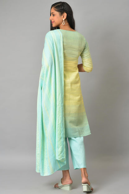 Yellow Embroidered Yarn-Dyed Kurta With Blue Narrow Palaza And Dupatta