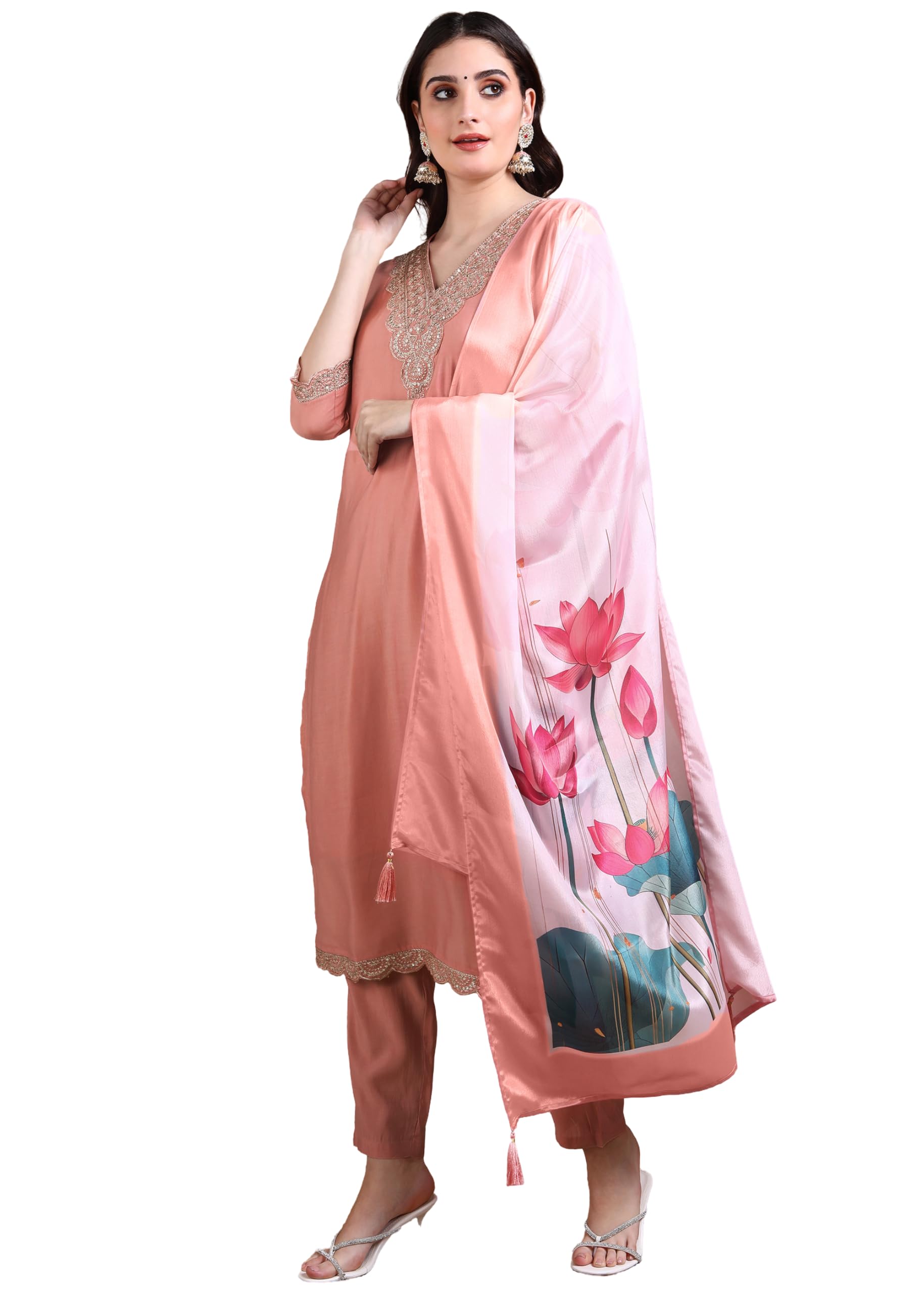Memore WomenS Silk Embroidered Kurta Pant Set With Digital Printed Dupatta V Neck 3/4 Sleeves Straight Calf Length And Solid Bo