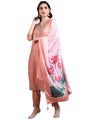 Memore WomenS Silk Embroidered Kurta Pant Set With Digital Printed Dupatta V Neck 3/4 Sleeves Straight Calf Length And Solid Bo