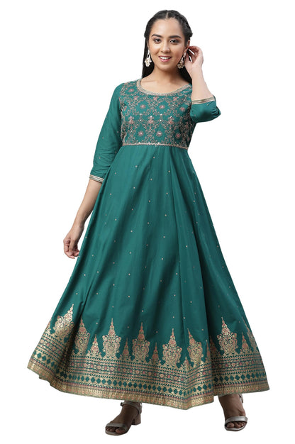 Aurelia Green Ethnic Motif Cotton Anarkali Kurta With Zari