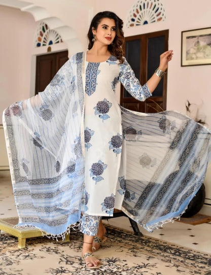 Yashika Women's Trendy Cotton Blend Straight Kurta Pant Dupatta Set with Elegant Prints - Versatile Ethnic Ensemble for Casual & Festive Occasions