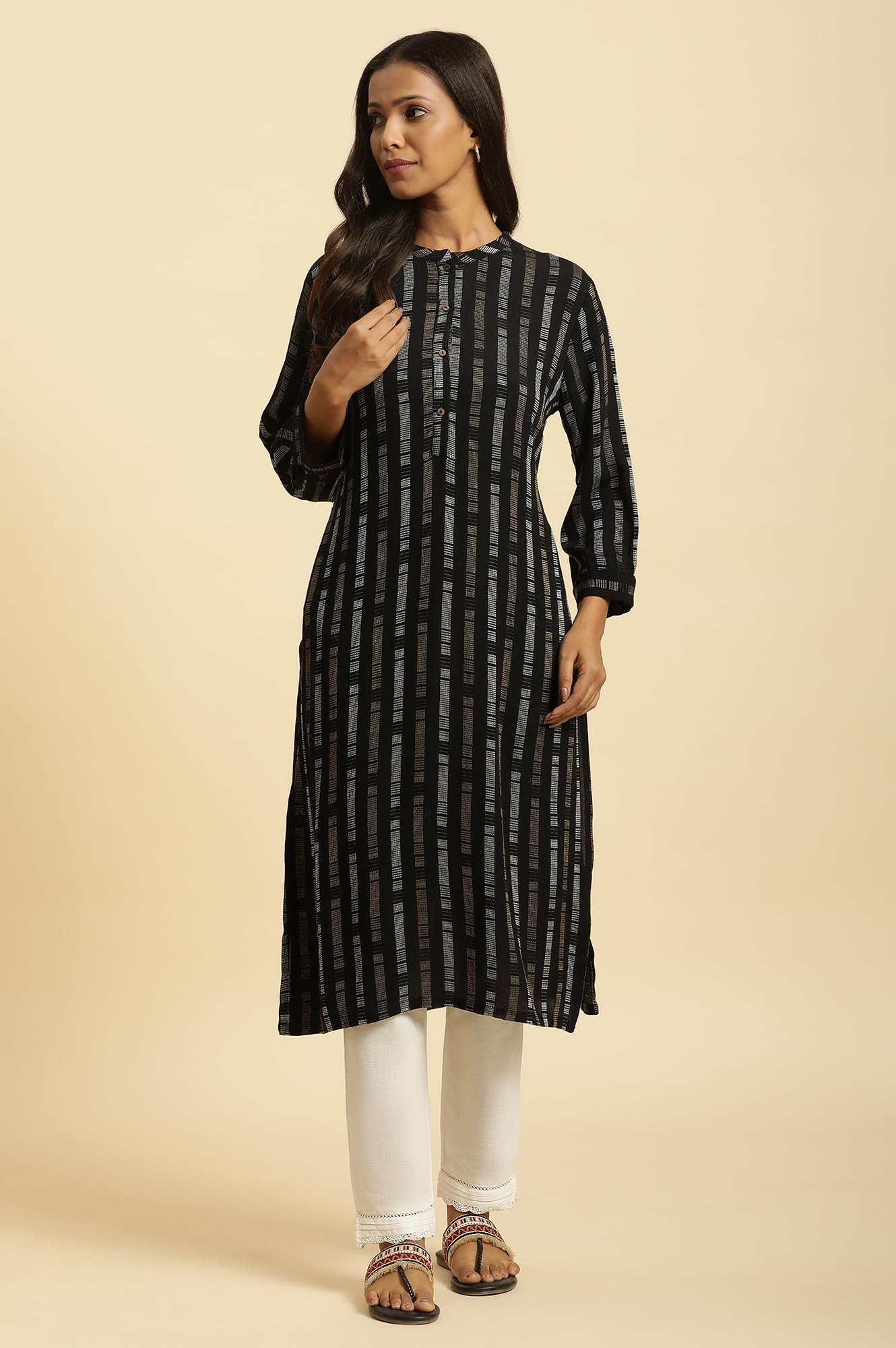 W Black Geometric Printed Straight Long Rayon Kurta For Women