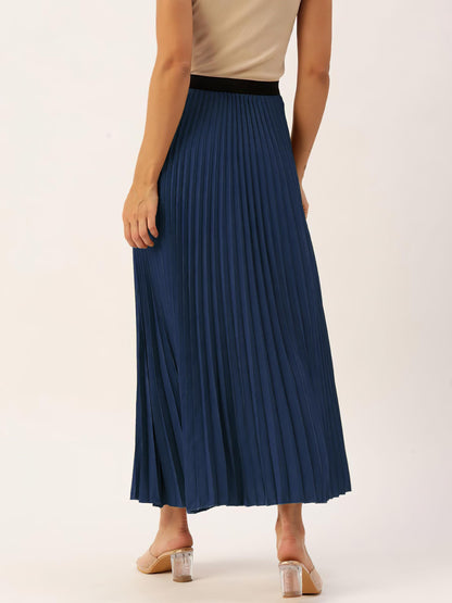 Kzully | Flowing Grace WomenS Satin Accordian Pleat Maxi Flared Skirt Navy Blue