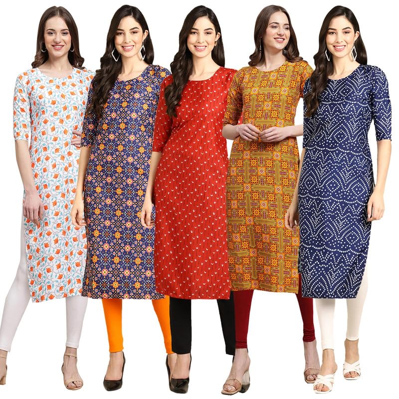 Pinkmint Crepe Digital Printed Kurti For Womens Straight Kurti For Women (Pack Of 5)