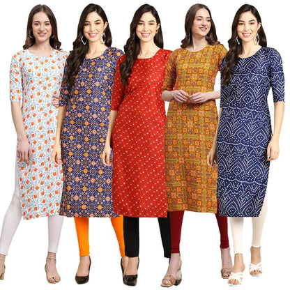 Pinkmint Crepe Digital Printed Kurti For Womens Straight Kurti For Women (Pack Of 5)