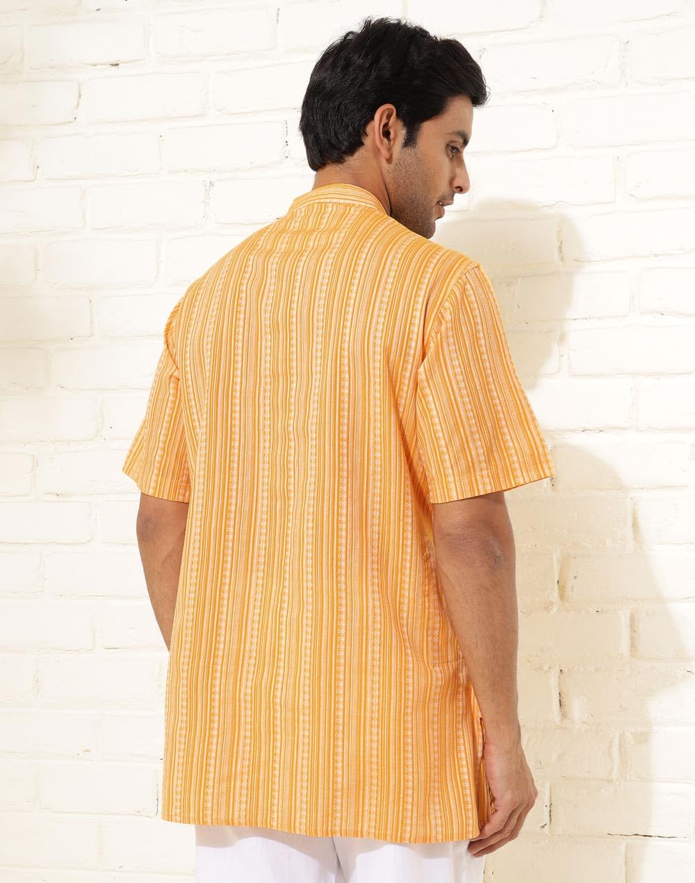 Fabindia MenS Cotton Dobby Regular Short Kurta (1038376Yellow_Yellow