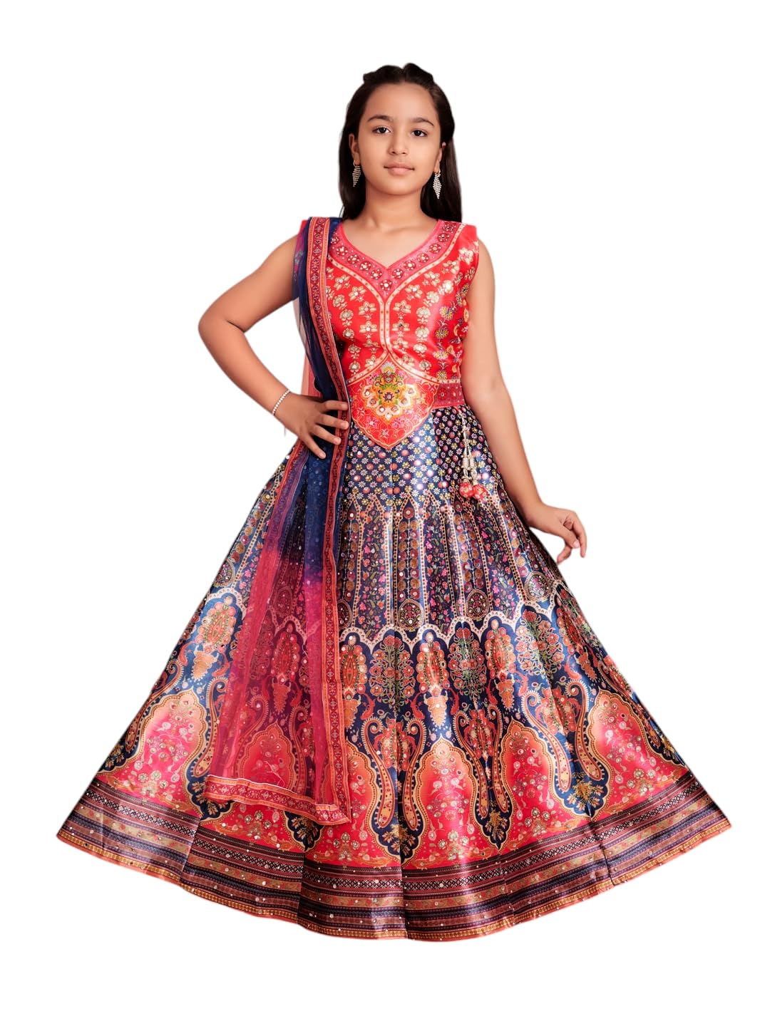 Aarika Girls Ethnic Wear Gajri Colour Floral Print/Embellished Lehenga Choli Set With Dupatta-(6 Months-13 Years)-(LCH-HT-2123-G