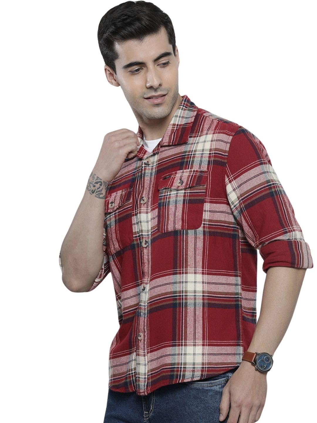 The Indian Garage Co Red Regular Fit Spread Collar Checkered Long Sleeves Shirt