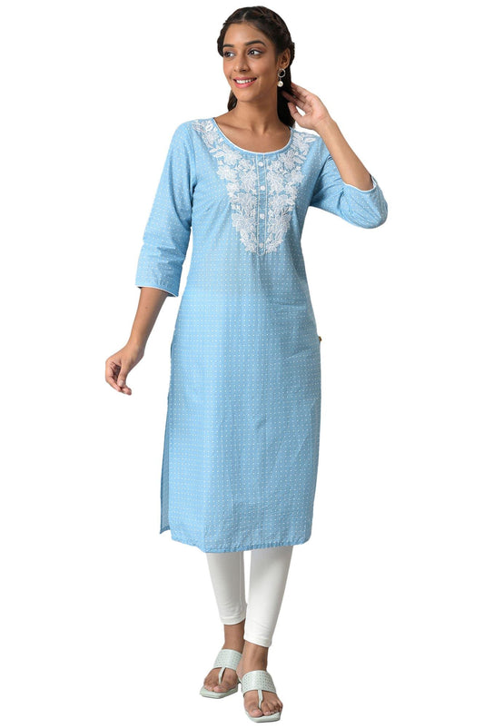 Aurelia Women's Ice Blue Cotton Geometric Printed Straight Kurta
