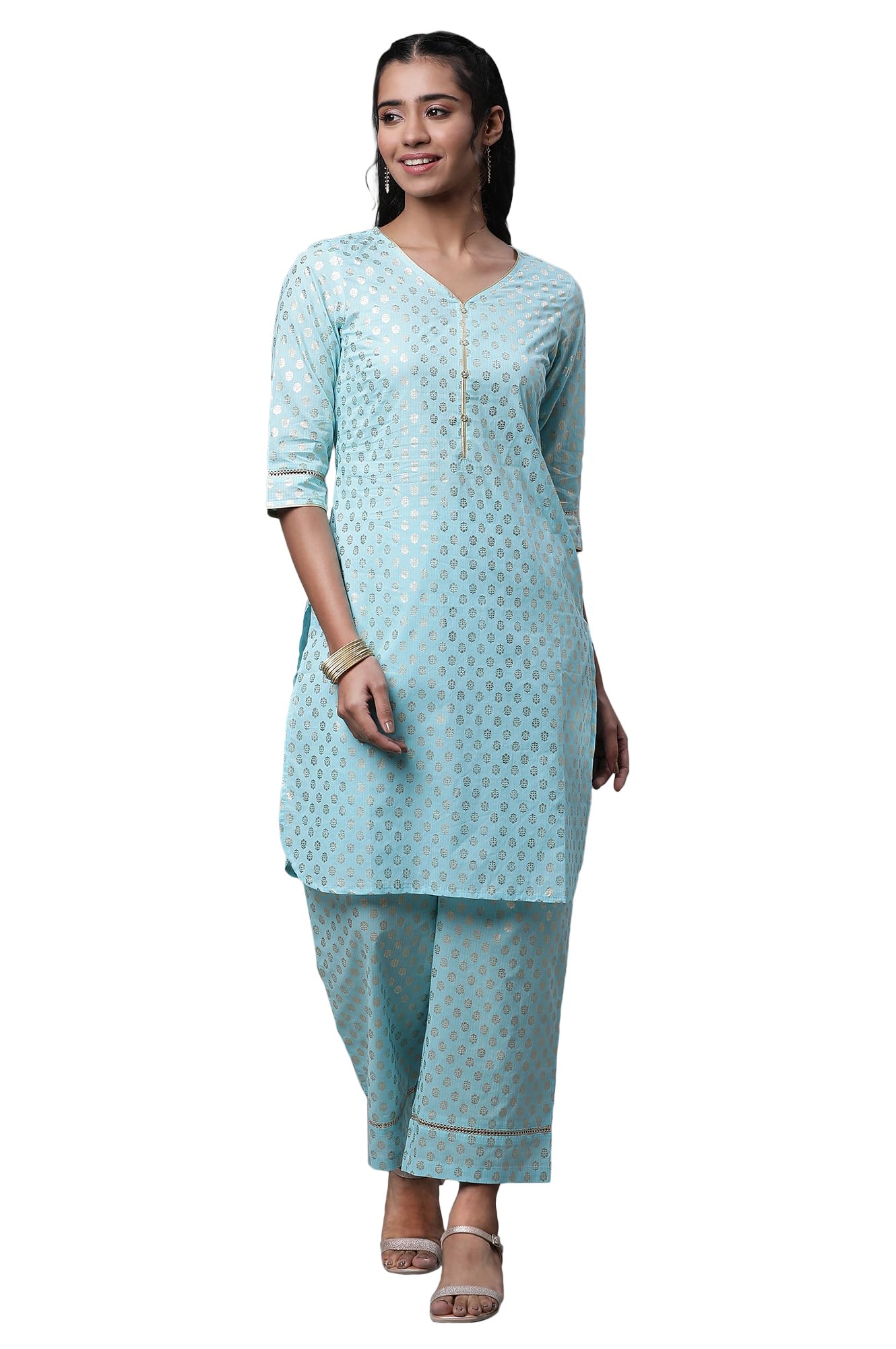 Aurelia Women's Tanager Torquise Pure Cotton Straight Kurta, Palazzos Suit Set_23AUAS14756-507582_M