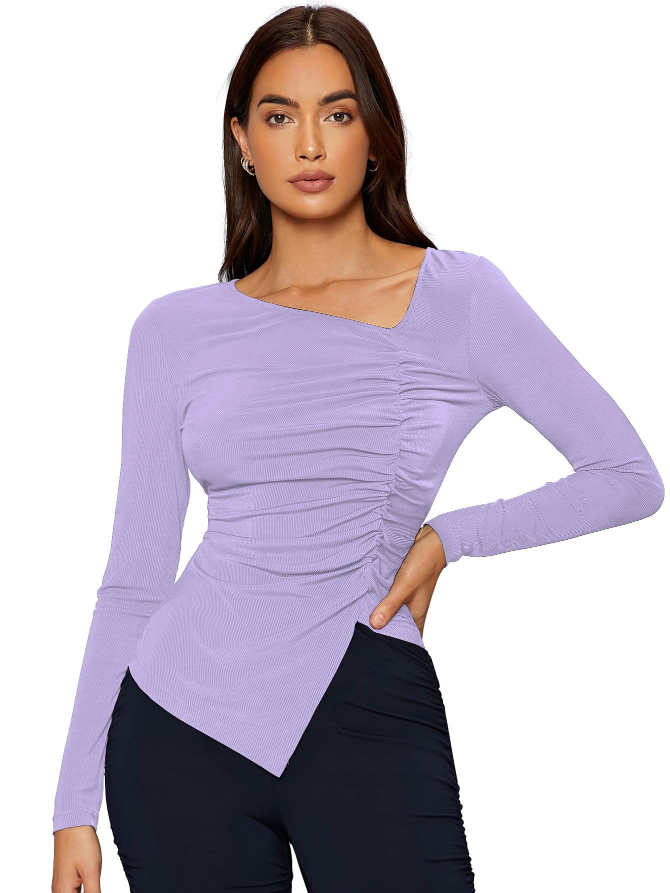 Shasmi Womens & Girls Peach Long Sleeve Asymmetrical Neck Solid Color Ruched Front Asymmetrical Hem Tee Workwear Fancy Top, T-