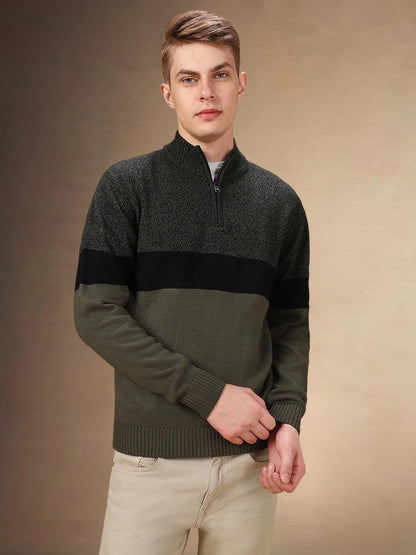 Dennis Lingo Men Colorblock Acrylic Regular Fit Full Sleeves Pullover Sweater Black