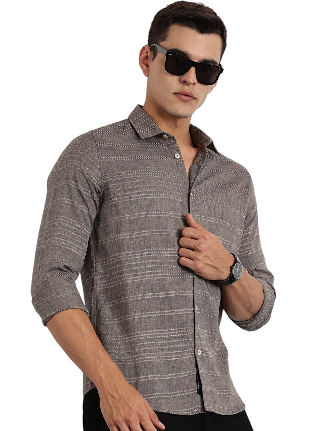 Thomas Scott Long Sleeve Embroderied Casual Shirt for Men Grey